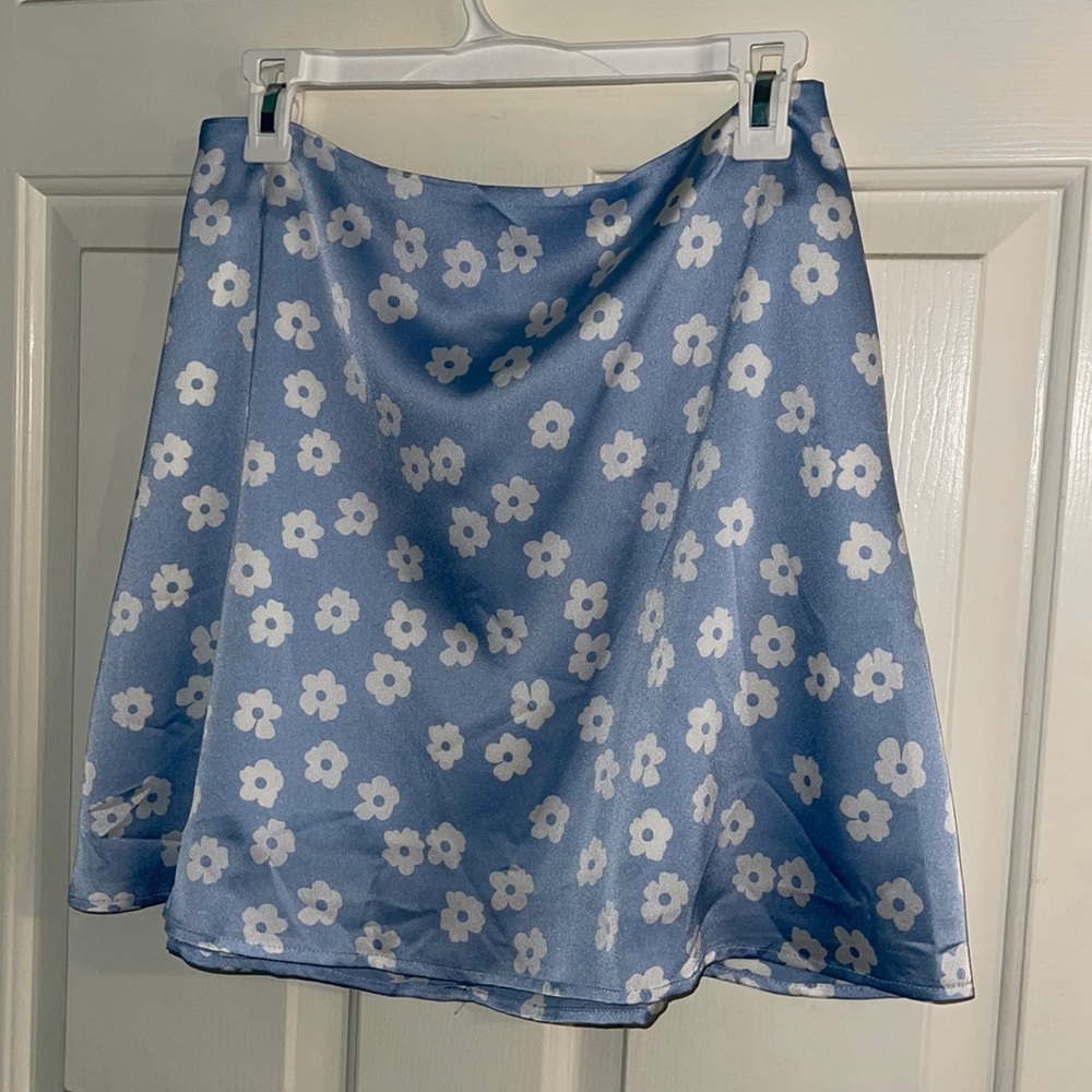 light blue flower satin skirt
